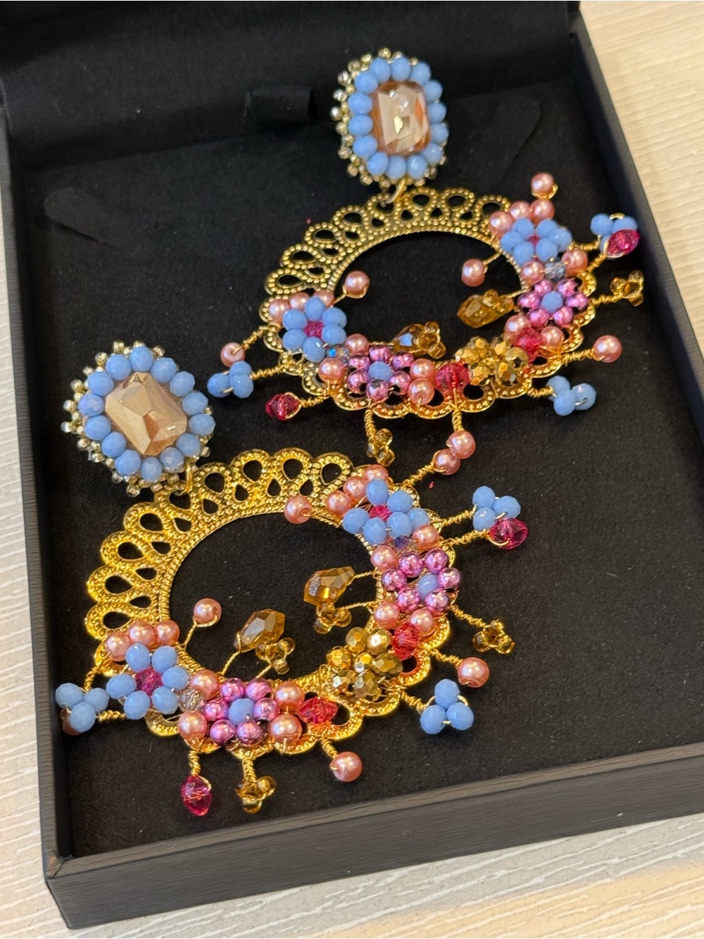 Elegant Gold Filigree Hoop Earrings with Blue & Pink Beads